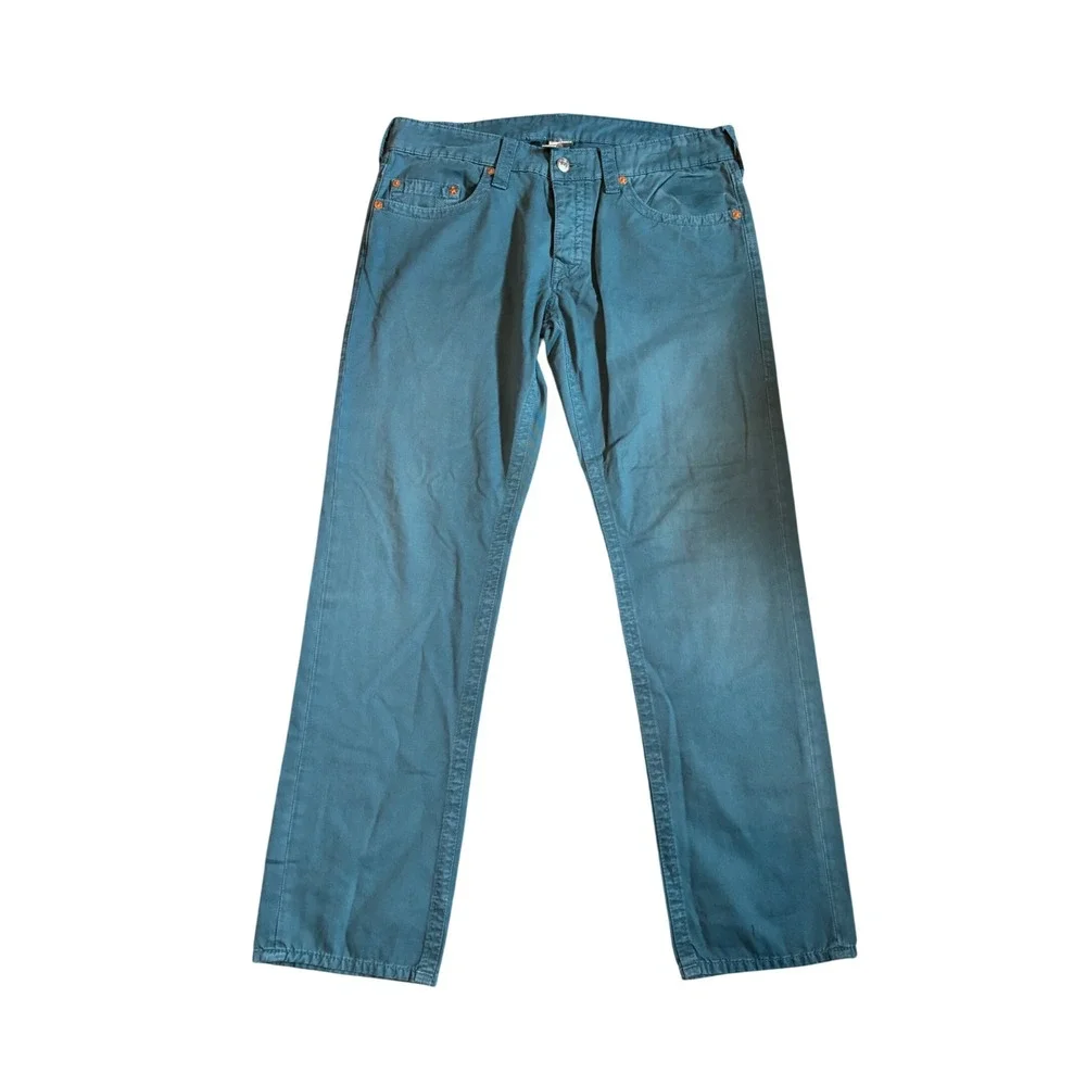 True Religion Geno Slim Straight Pants Teal Blue Cotton Chinos Mens 36x32